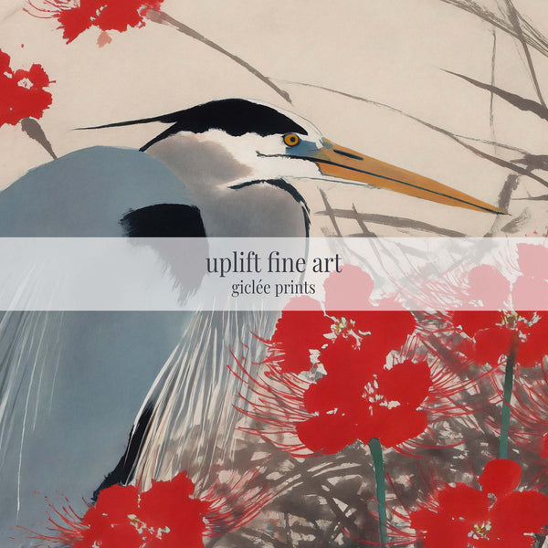 Blue Heron with Crimson Blossoms Canvas Art