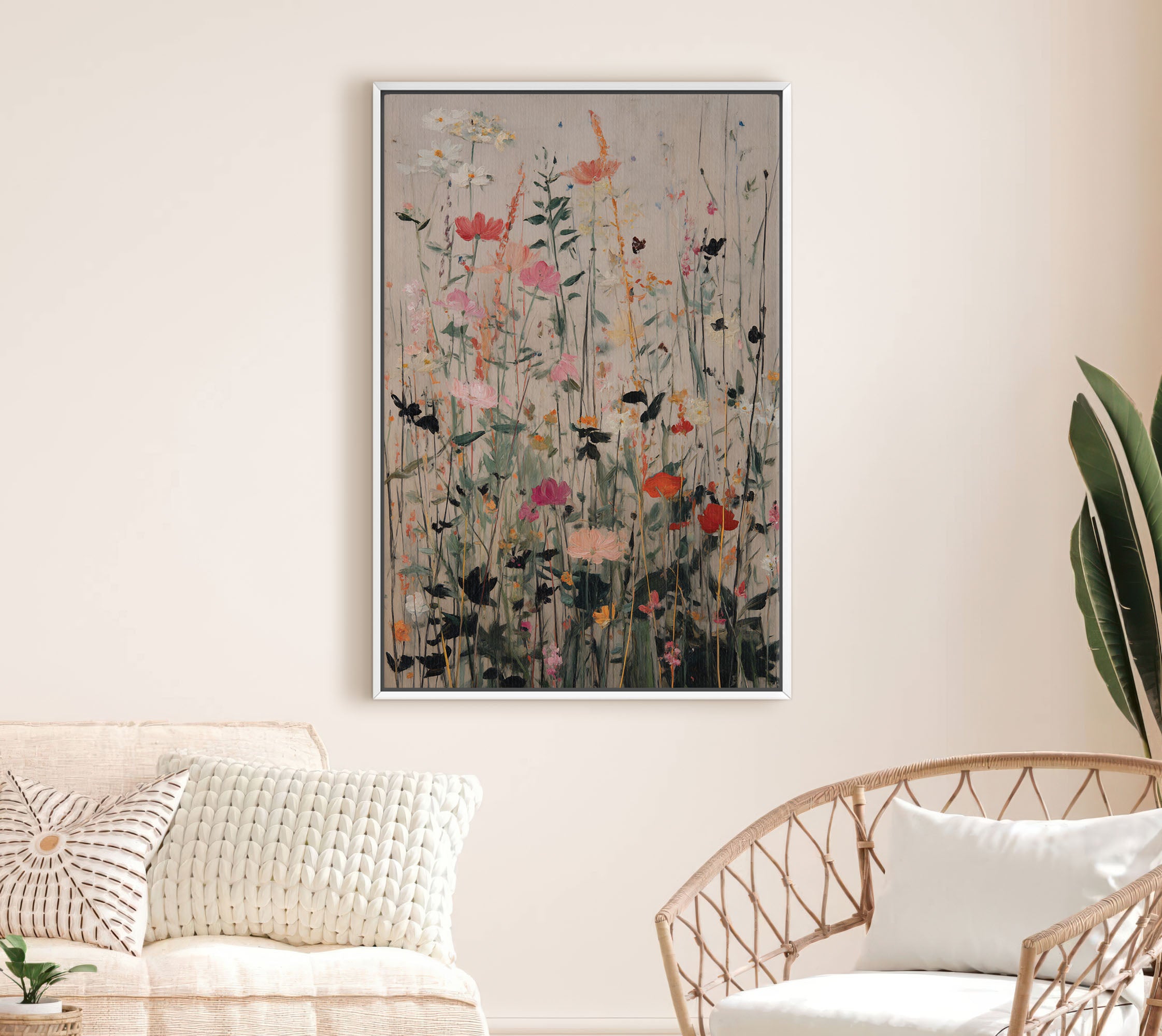 Abstract wildflower meadow painting featuring coral, pink, and black blooms with sage green foliage on weathered neutral background, vertical botanical garden wall art
