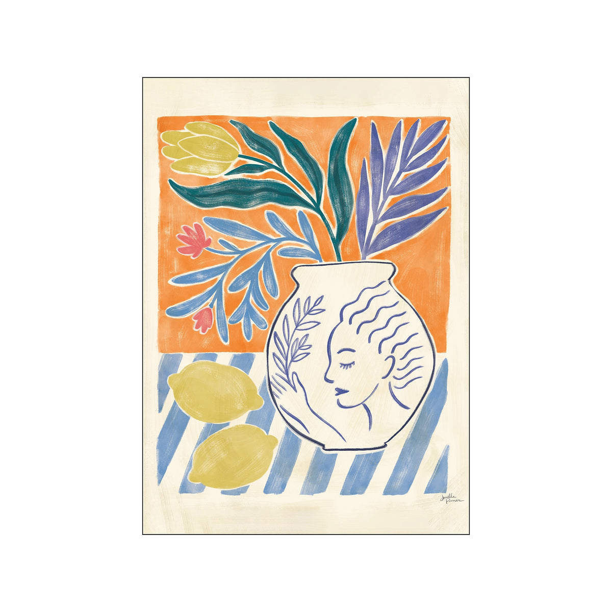 Abstract floral print with a vase, leafy stems, lemons, and orange and blue blocks