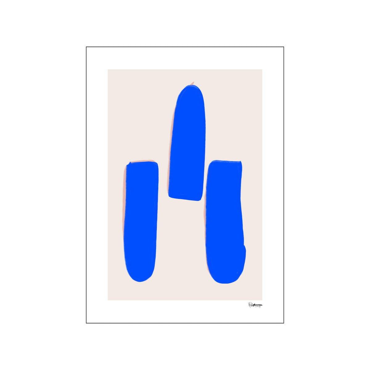 Abstract print with three cobalt blue vertical forms on a pale neutral background