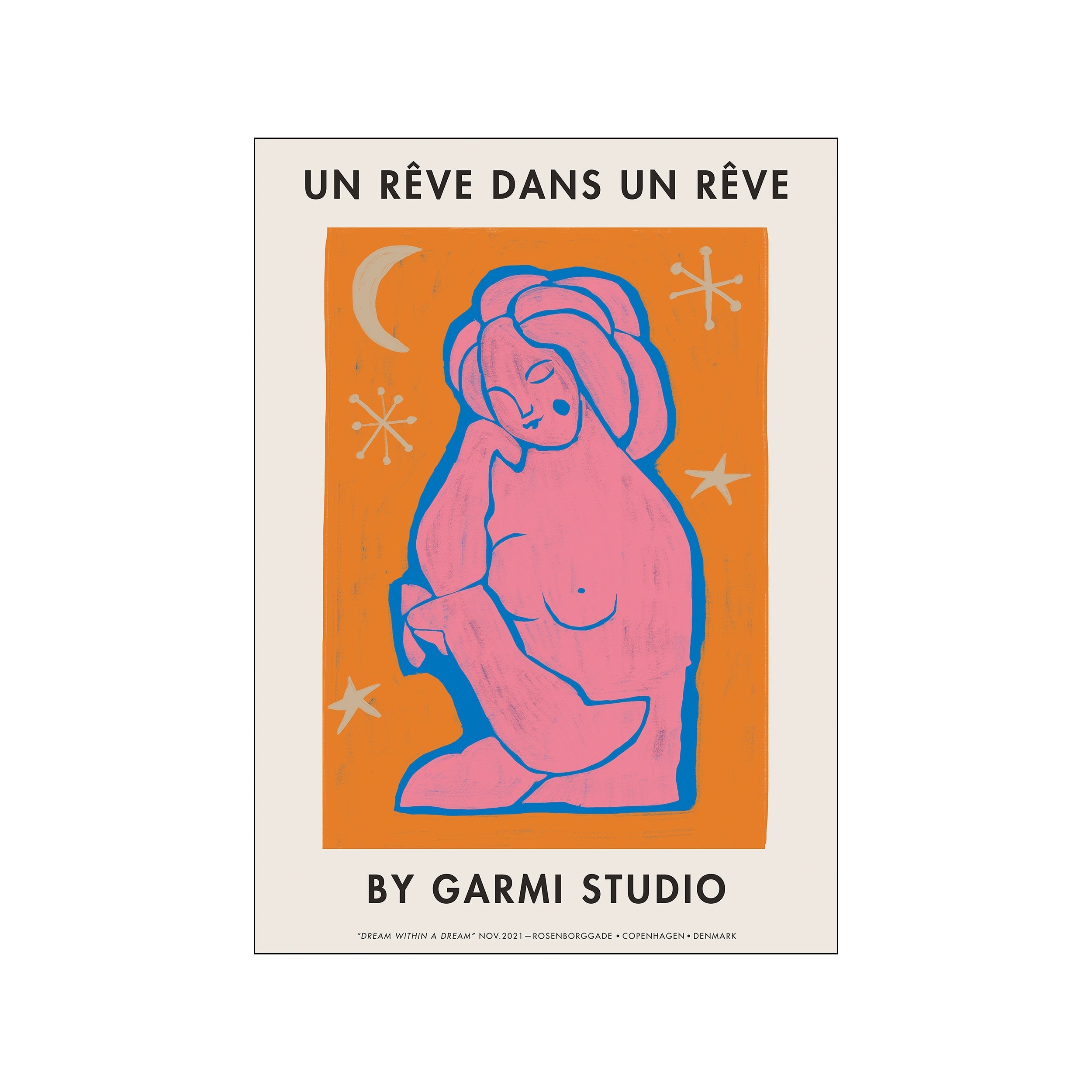 An abstract illustration featuring a serene pink figure with blue outlines, resting against a bright orange background, surrounded by stars and a crescent moon, suggesting a dreamlike state.