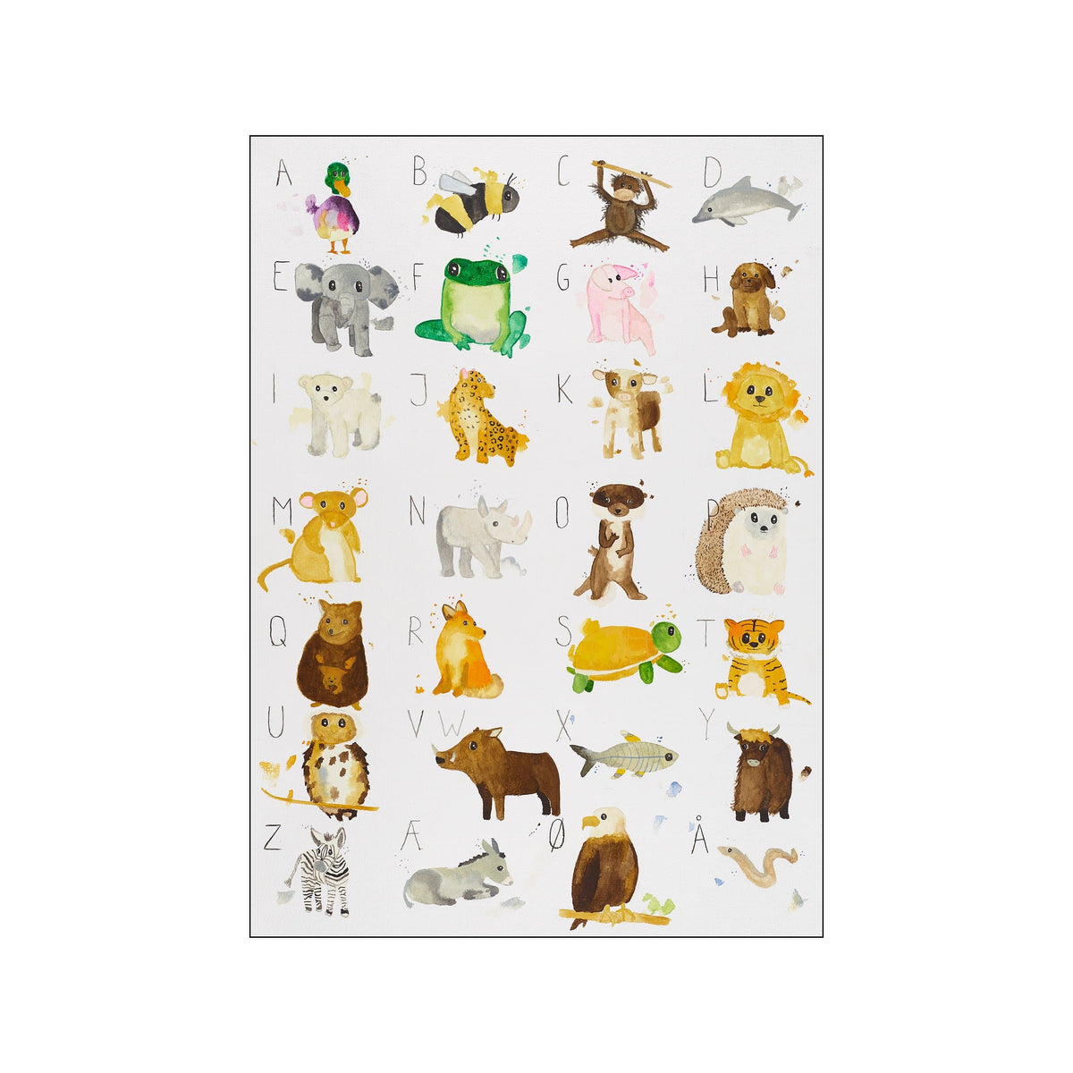 An alphabet chart featuring hand-drawn watercolor animals for each letter, from A to Å. The palette includes soft greens, yellows, browns, and grays, creating a gentle and whimsical educational display.