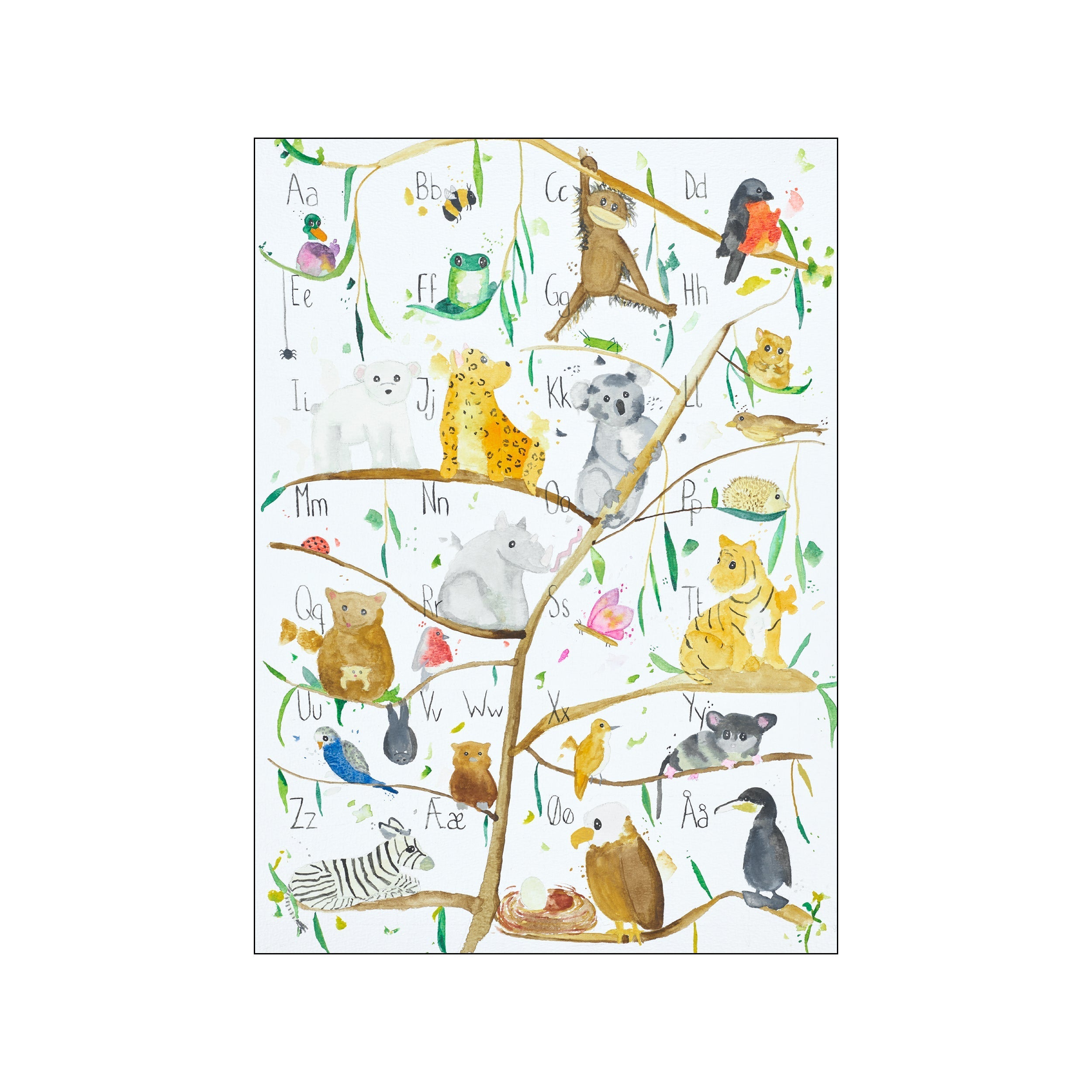 A whimsical watercolor illustration of an alphabet tree with various animals like a monkey, koala, leopard, zebra, and birds perched on its branches, with letters of the alphabet beside them.