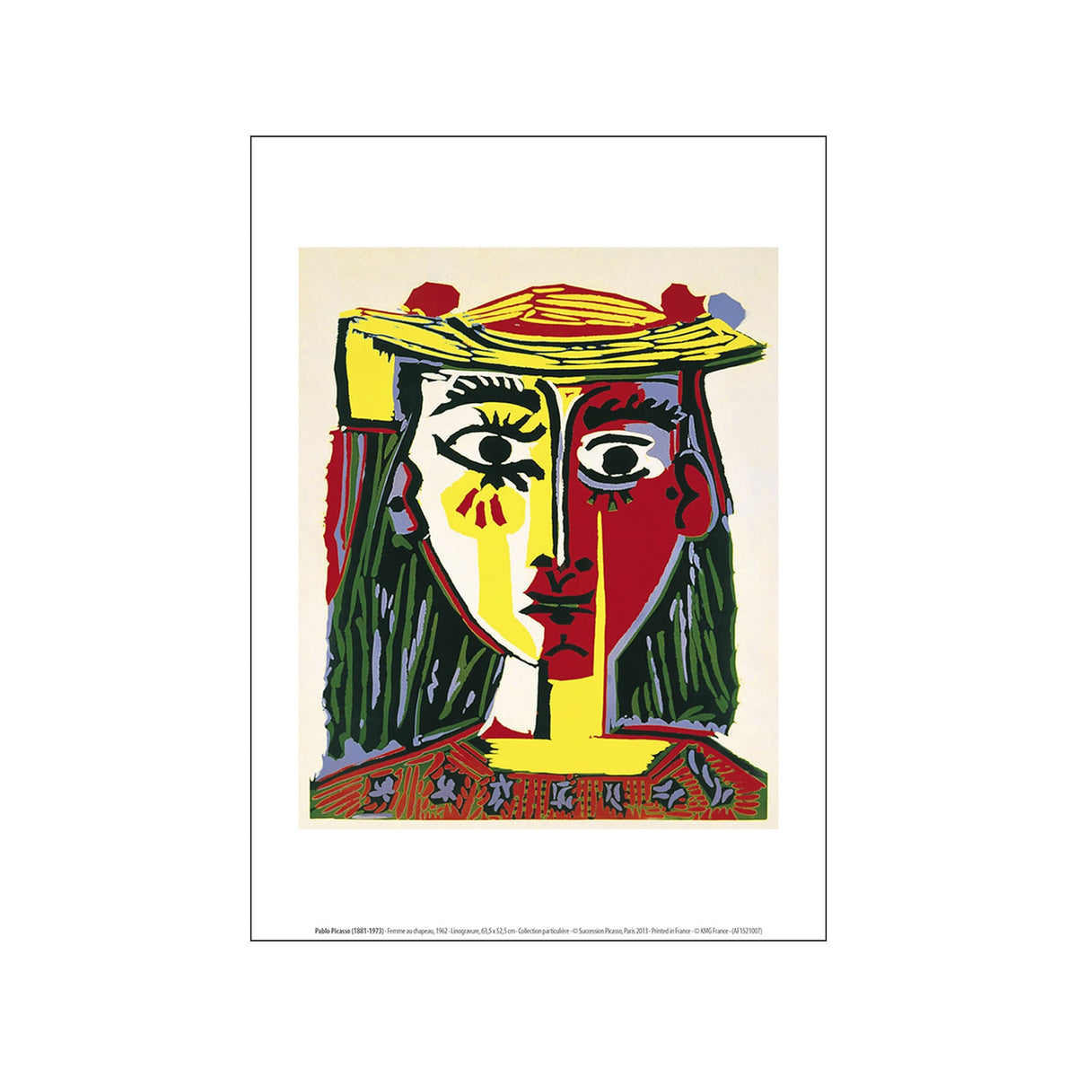 Picasso portrait of a woman in a hat with bold yellow, red, green, and blue color blocks