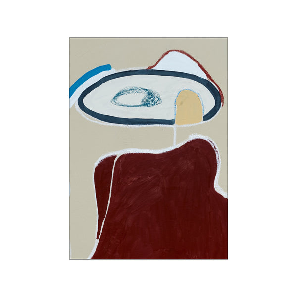 Abstract artwork featuring a large, deep red form at the bottom, balanced by a circular motif with blue and white accents at the top, against a soft beige background.
