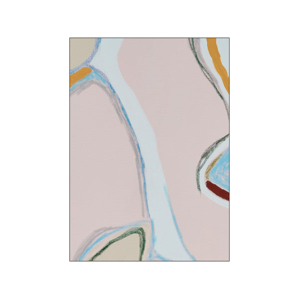 An abstract artwork with flowing organic lines in soft blush, muted gold, serene blue, and deep russet tones, creating a peaceful and artistic atmosphere.