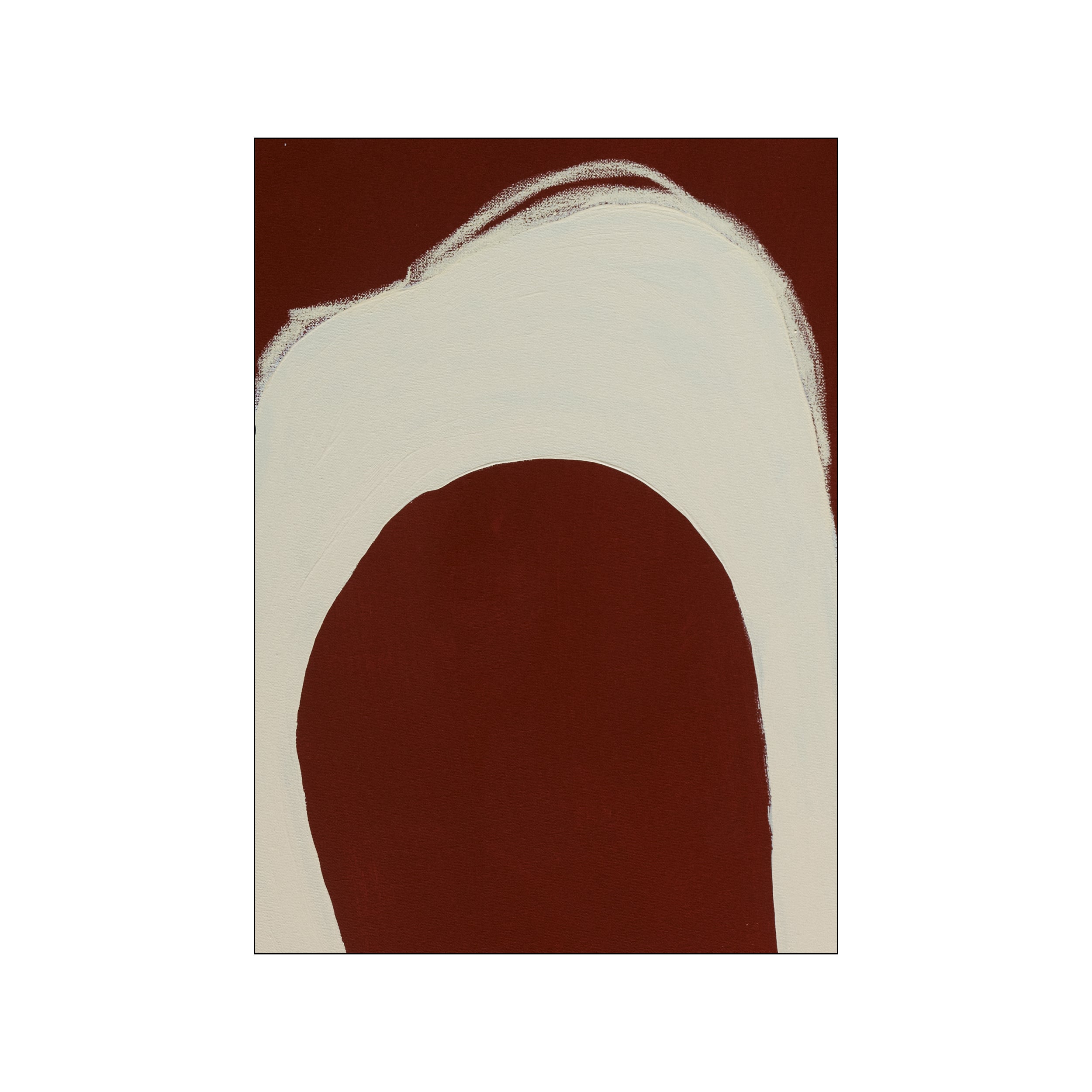 Abstract artwork with a dominant deep rust-red background and a bold, flowing arc of creamy beige sweeping across the center. The composition evokes a sense of organic balance and modern serenity.
