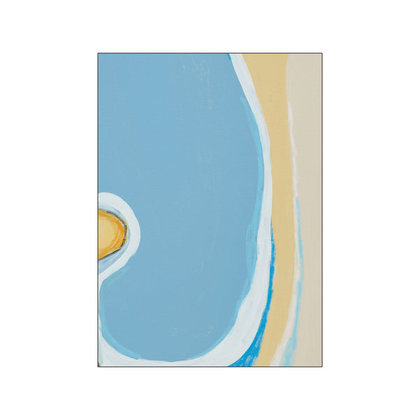 Abstract artwork with large, soft blue form, bordered by bands of creamy beige and subtle white and blue lines, suggesting a tranquil coastal landscape or organic shape.