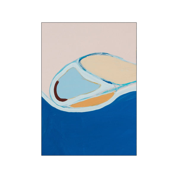 An abstract artwork featuring broad strokes of deep blue at the bottom, transitioning to lighter blues, sandy beige, and a soft blush background, with a solitary brown curve.