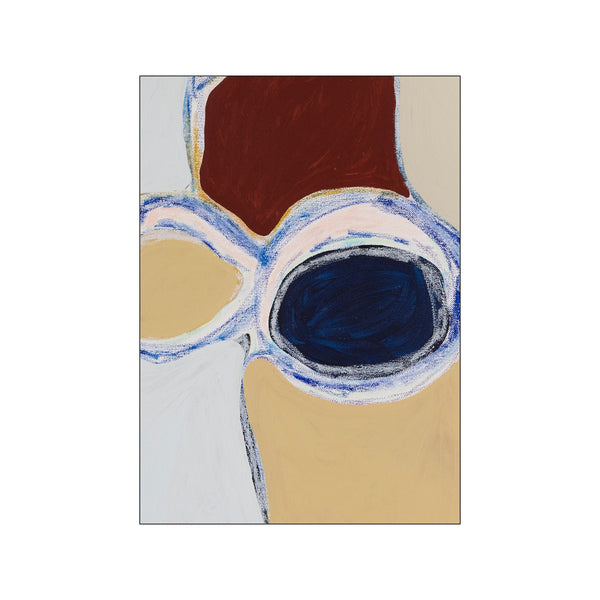 An abstract composition featuring organic shapes in deep navy, terracotta, and soft ochre, accented with sky blue and blush pink. The artwork evokes a feeling of serene sophistication, ideal for modern or bohemian interiors.