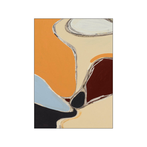 Abstract artwork featuring flowing organic shapes in warm ochre, deep sienna, sky blue, black, and cream, outlined with subtle textural lines, creating a sophisticated and calming visual.