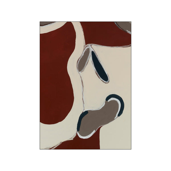 An abstract artwork with flowing organic shapes in terracotta, cream, taupe, and deep blue. The composition evokes a serene and sophisticated mood, perfect for a modern or bohemian interior.