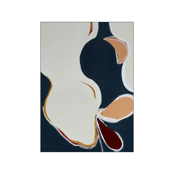 An abstract composition featuring large, soft shapes in creamy white and tan against a deep navy background, accented with thin, painterly lines of gold and burgundy. Evokes a tranquil and sophisticated mood.