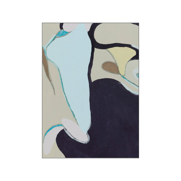 An abstract composition featuring organic shapes in calming tones of pale blue, beige, muted yellow, and deep indigo, with subtle textured lines adding depth.