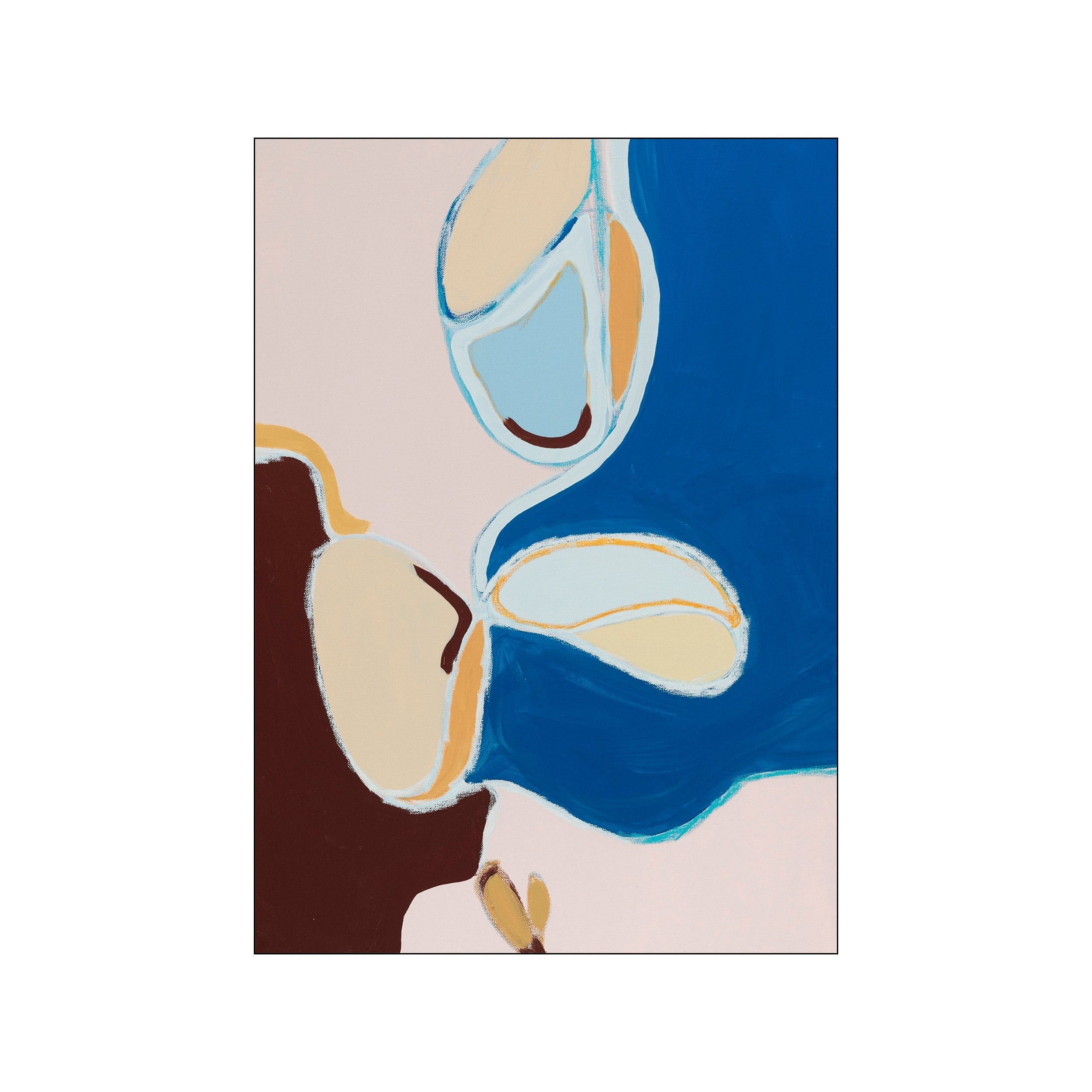 An abstract artwork featuring bold strokes of deep blue, soft blush pink, and warm beige, with hints of ochre and light blue outlines, conveying a sense of fluid movement and serene elegance.