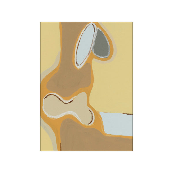 Abstract shapes in warm ochre, taupe, pale blue, and cream flow across a soft yellow background, creating a serene and organic visual composition.