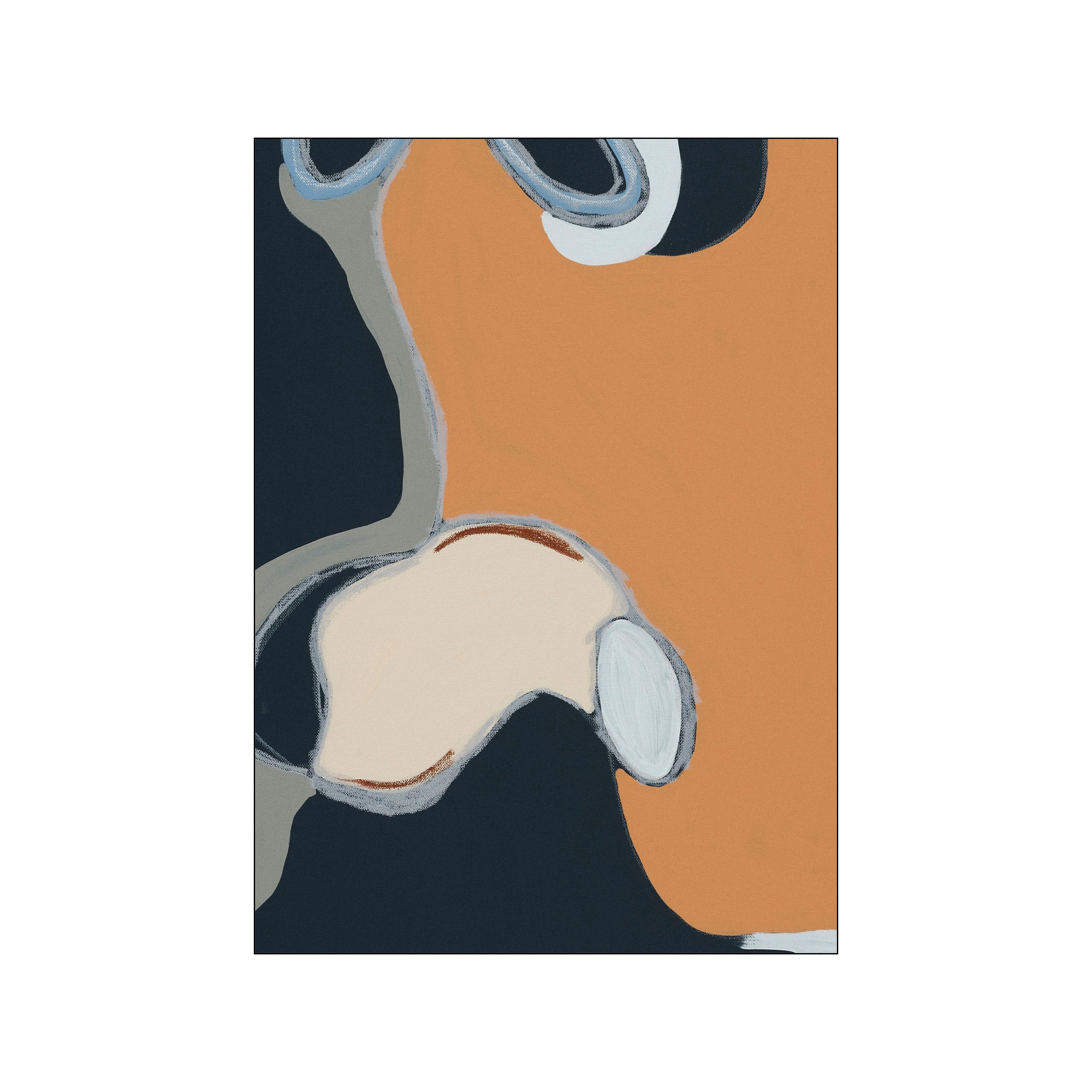 Abstract artwork with organic shapes in warm terracotta, deep indigo, creamy beige, and soft blue, featuring flowing lines and a calming, artistic vibe for interior decor.