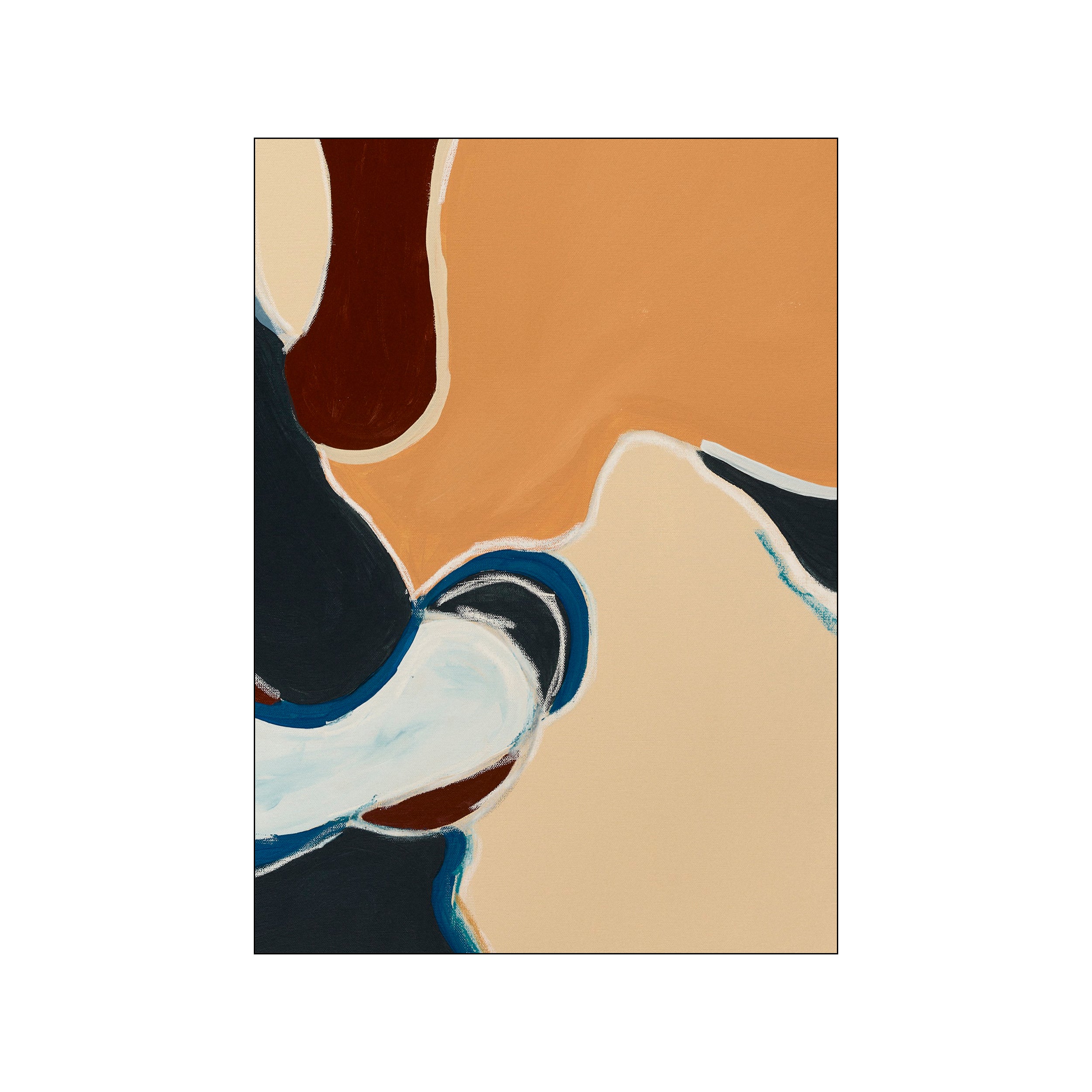 An abstract composition featuring organic shapes in warm terracotta, deep burgundy, navy blue, cream, and subtle teal accents, creating a feeling of gentle movement and modern elegance.