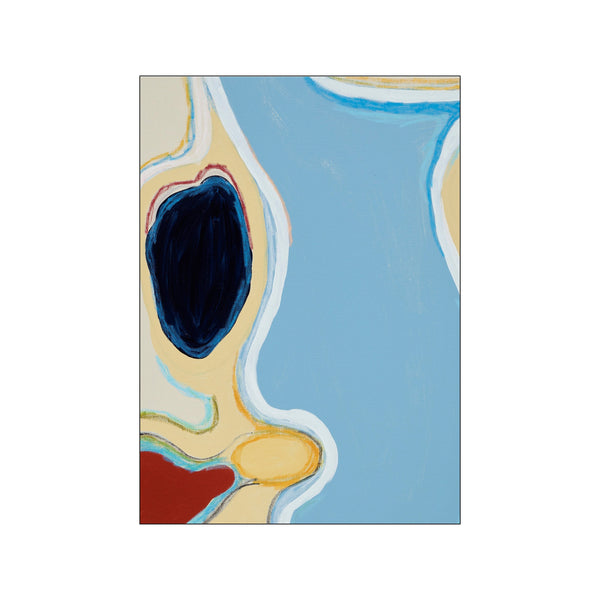 An abstract painting featuring flowing organic shapes in serene shades of sky blue, warm beige, deep indigo, and terracotta red, with delicate outlines in white and yellow. Evokes a sense of calm and natural movement.
