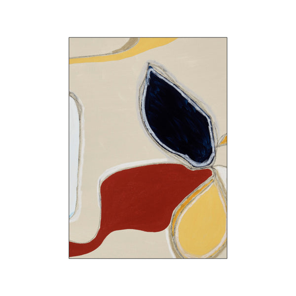 Abstract shapes in cream, ochre, terracotta, and deep blue with silver and white outlines, creating a sense of calm and organic movement on a canvas.