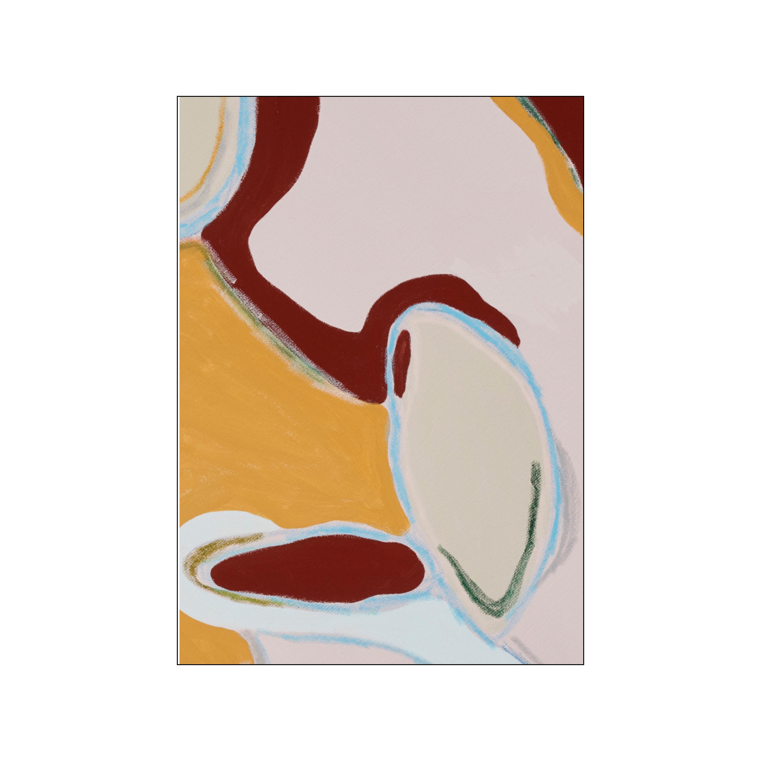 Abstract artwork featuring flowing shapes in warm terracotta, ochre, and sky blue against a soft, textured background, creating a tranquil and artistic atmosphere.