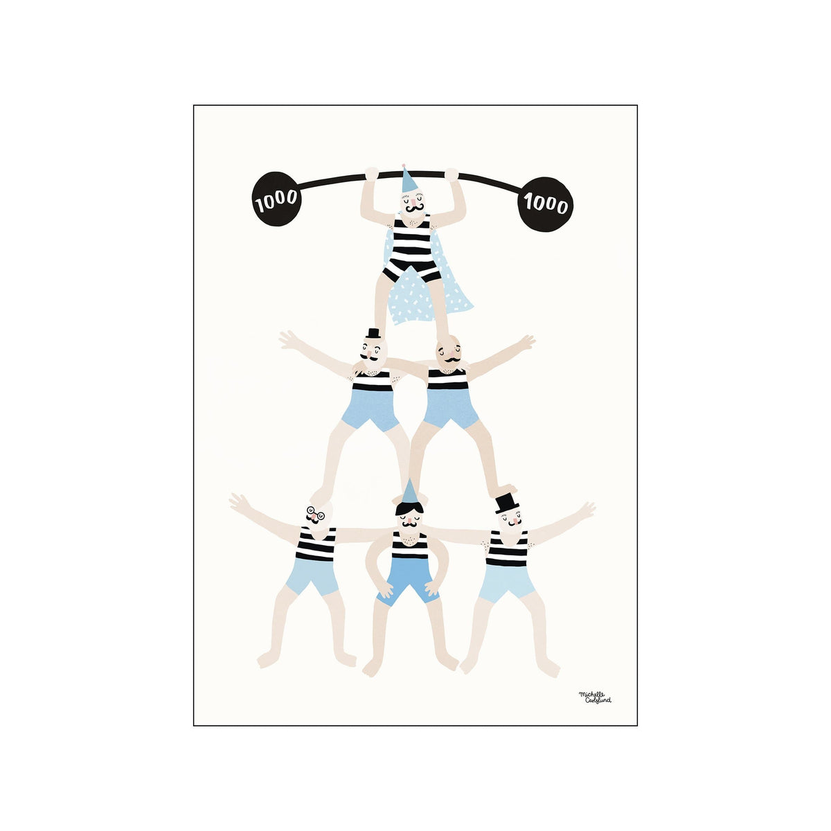 A charming illustration of a human pyramid formed by circus acrobats wearing striped costumes and blue shorts, balancing a barbell on a pale background.