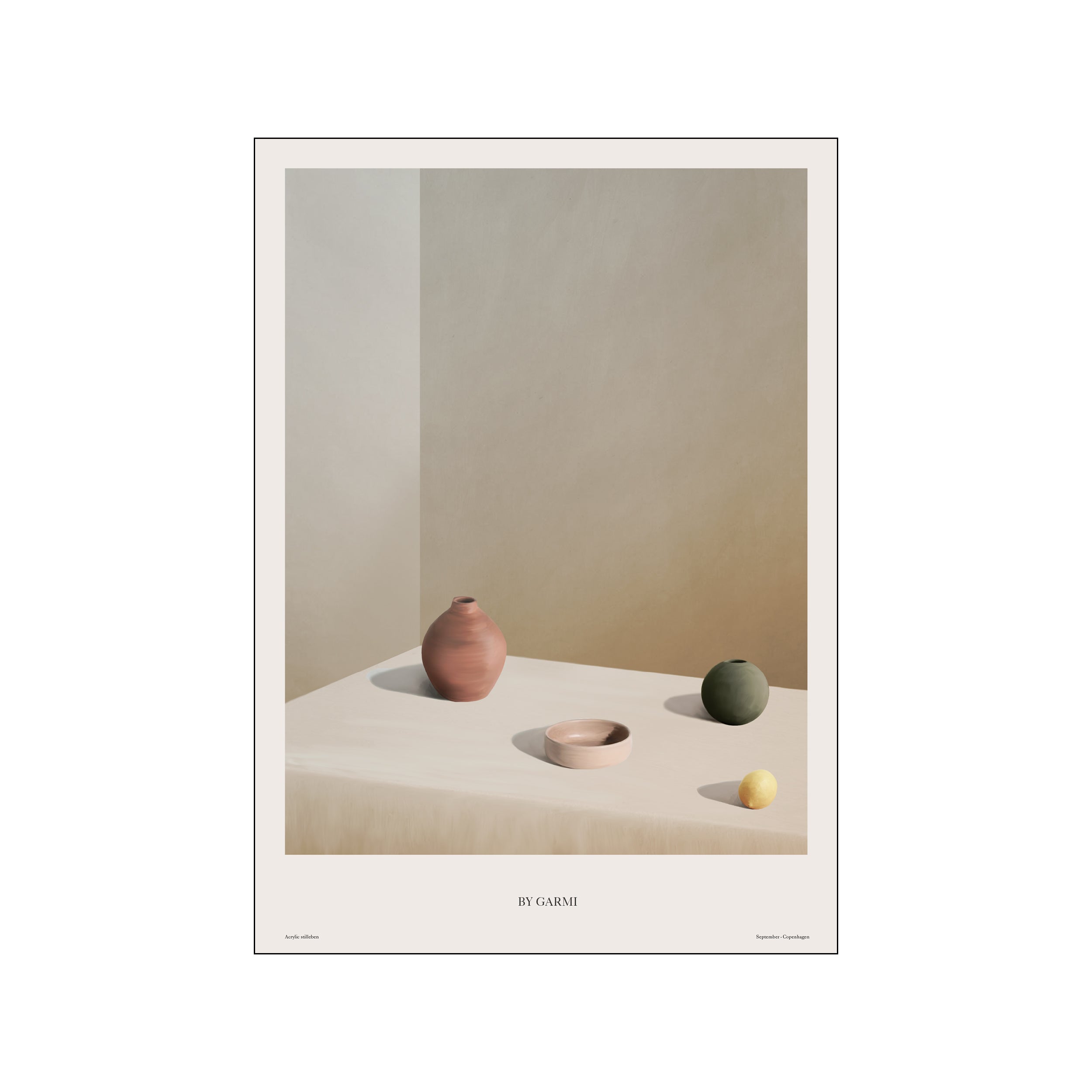 A minimalist still life featuring three ceramic vessels in terracotta, blush, and olive green, alongside a single yellow lemon, arranged on a draped surface with soft lighting.