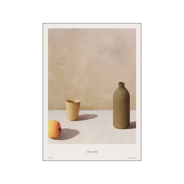 A minimalist still life arrangement featuring a warm-toned apple, a textured cup, and a tall olive-toned vase, set against a soft, textured background with gentle shadows.