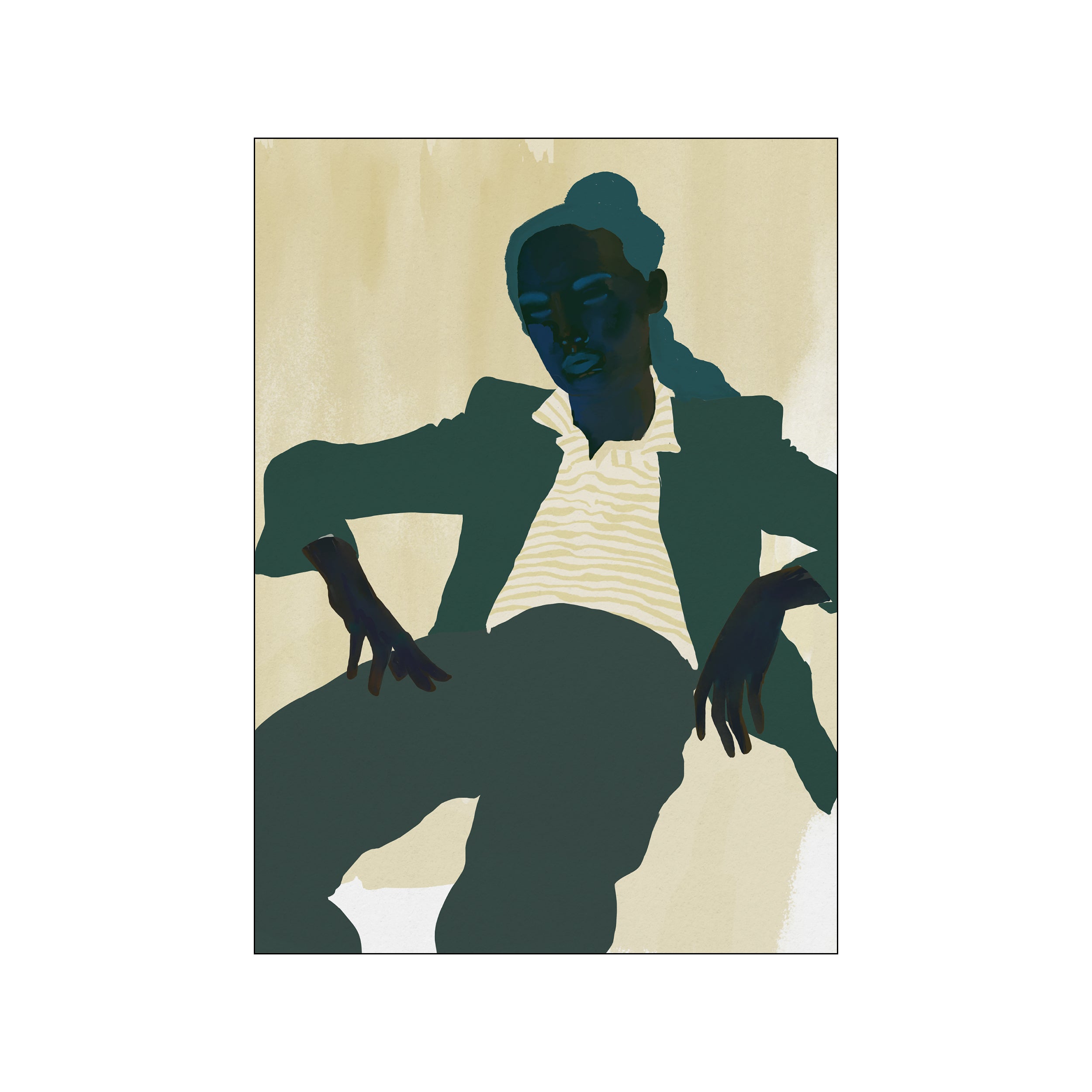 A dark-skinned figure in a green jacket and striped shirt is depicted in a relaxed pose against a textured beige background. The artwork features a limited palette of deep blues, greens, and creams, evoking a.
