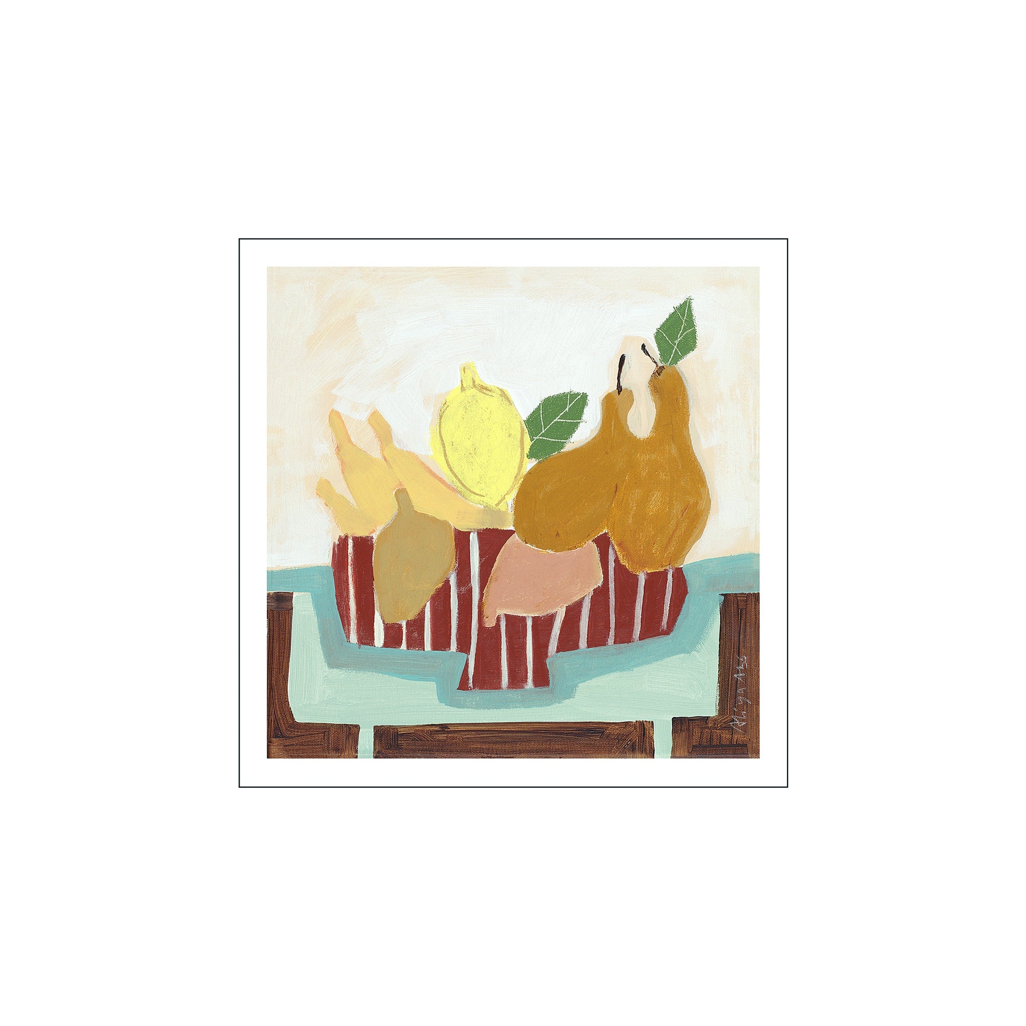 An abstract painting of a still life featuring pears, a lemon, and bananas in a striped bowl, rendered in warm ochres, golds, and soft teal hues, evoking a gentle, rustic charm.