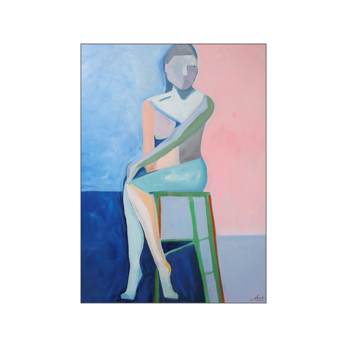 Abstract seated figure in pastel blue and pink with faceted form and calm composition