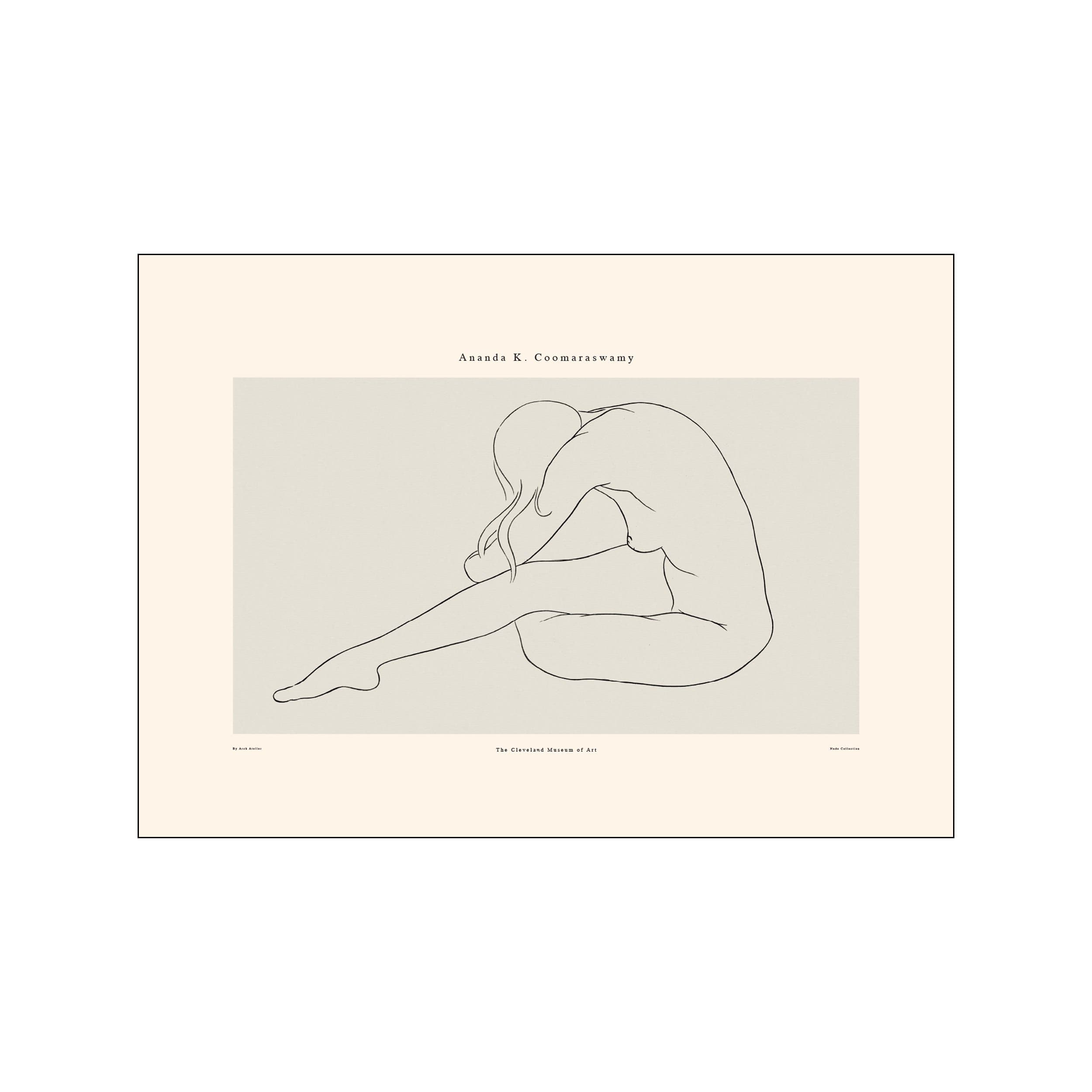 Minimal seated nude line drawing on a pale neutral background with gallery-style text