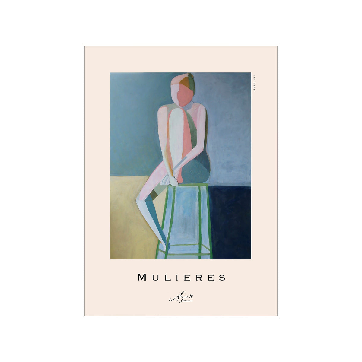 Abstract seated figure poster in blue, blush, green, and cream with Mulieres title