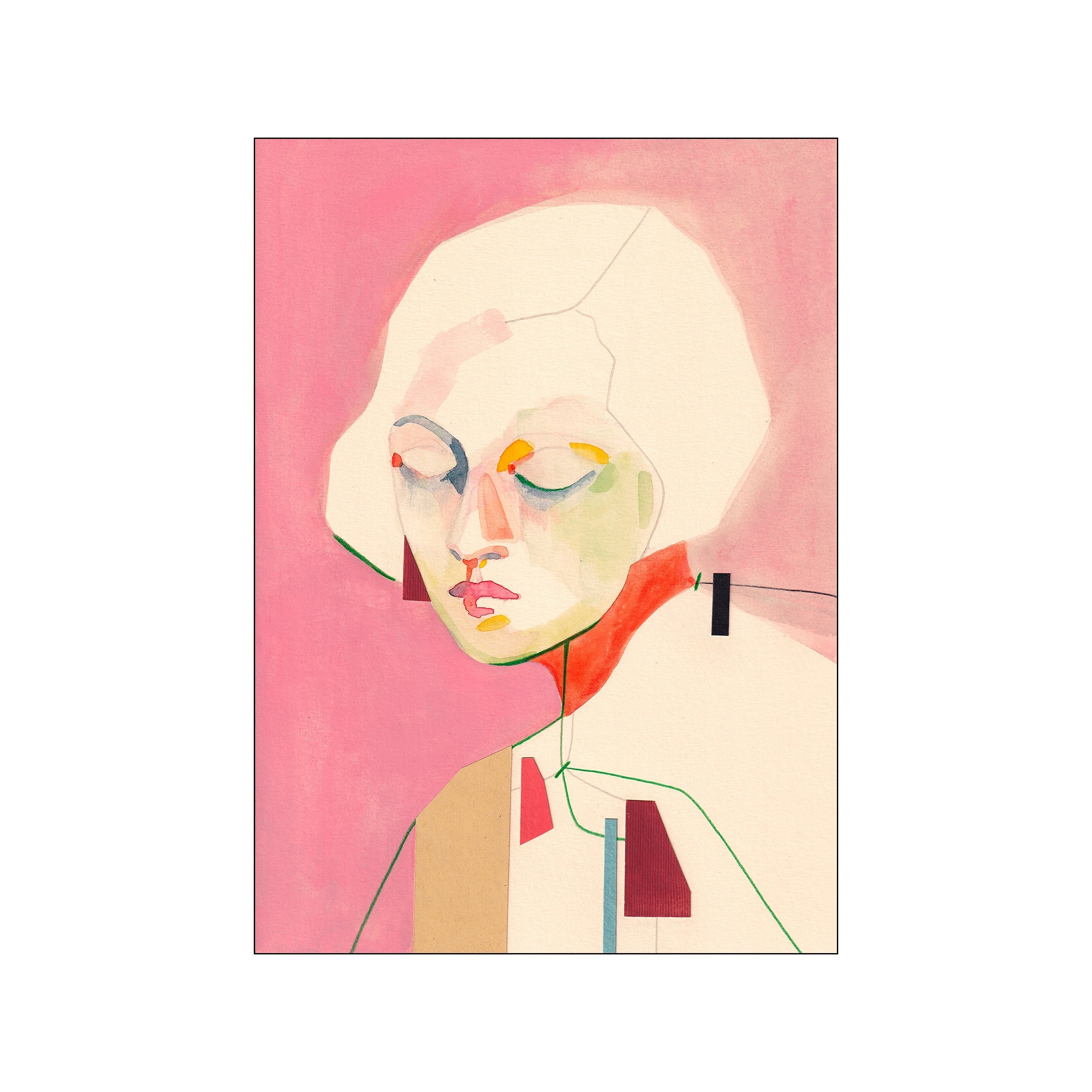 Abstract portrait of a pale woman with pink background and colorful line details