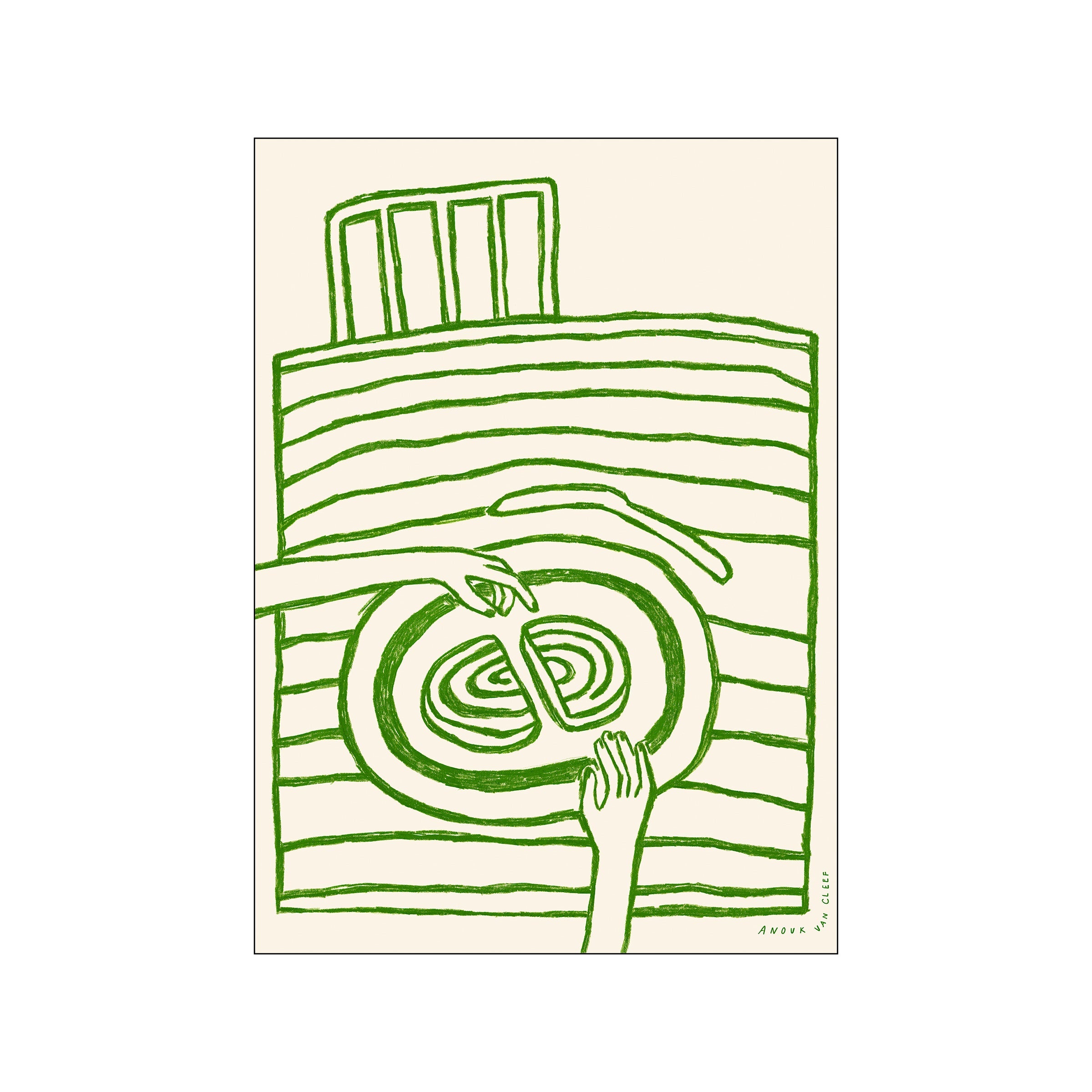 Abstract artwork in muted cream and vibrant green, depicting two hands reaching towards a circular, layered form, suggesting the sharing of a cake or dessert.