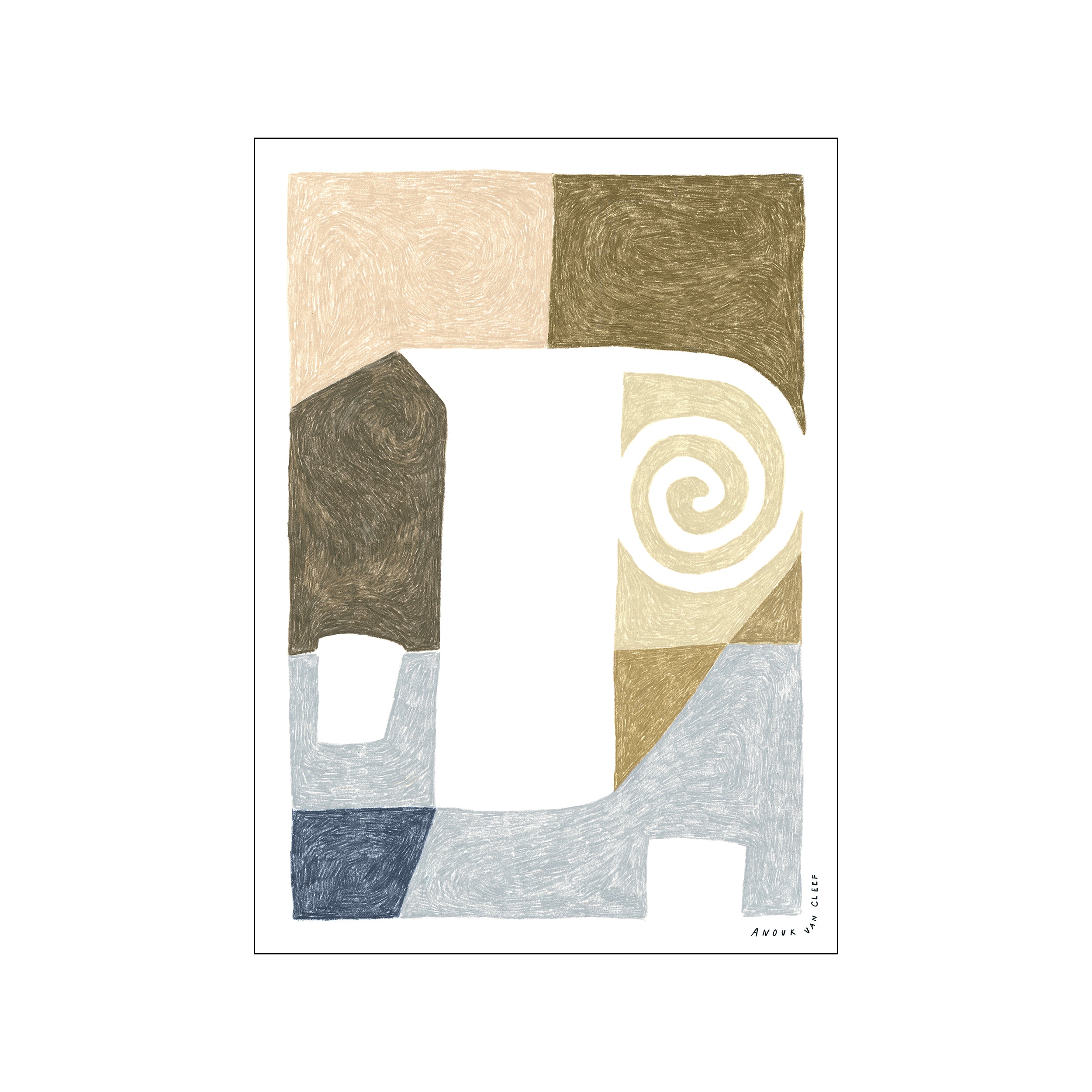An abstract composition featuring organic shapes and blocks of color in earthy taupes, blues, and umbers, creating a calm and contemplative mood.