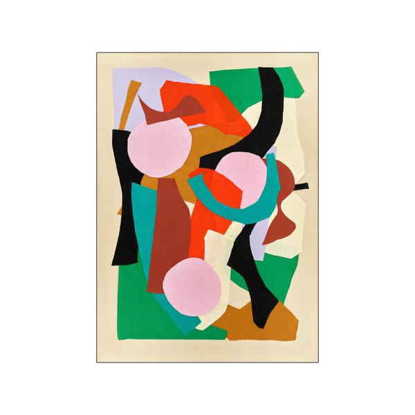 An abstract collage artwork featuring layered shapes in coral, pink, teal, green, black, and ochre against a cream background, suggesting a playful and organic composition.