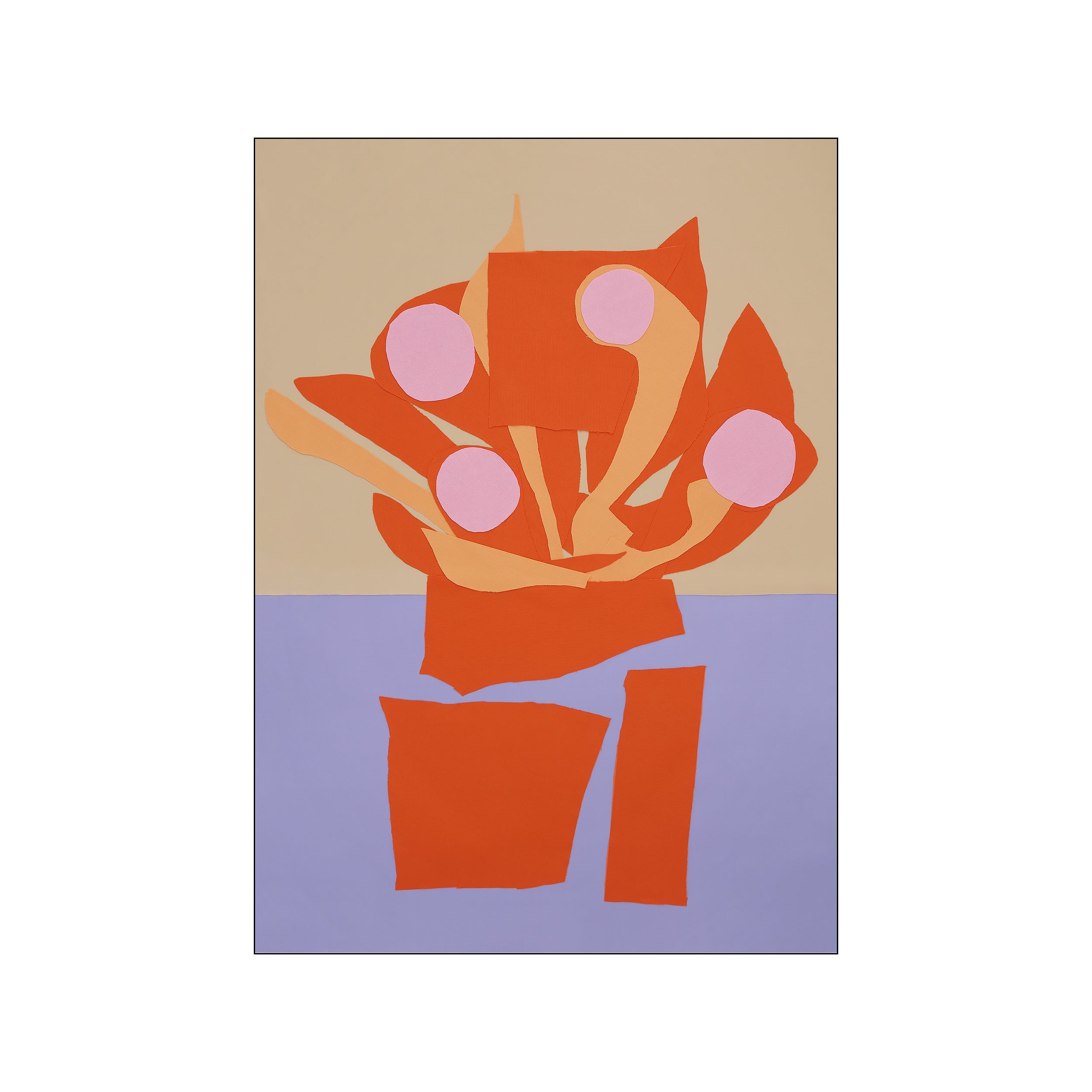 An abstract collage-style artwork featuring bold shapes in vibrant orange and soft pink against a muted tan background, with a lavender base. Evokes a modern, joyful, and artistic atmosphere.