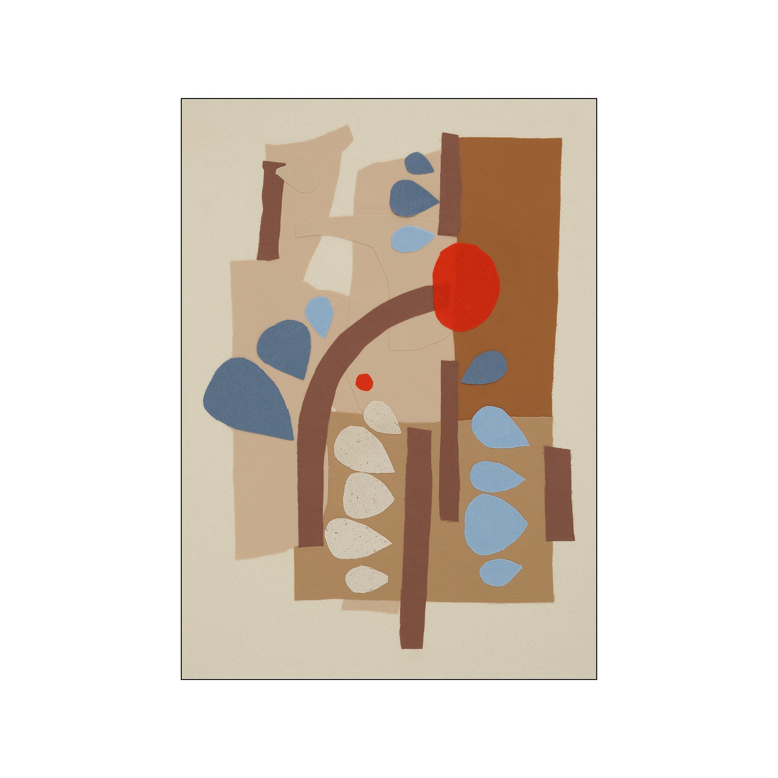 An abstract composition featuring organic shapes in warm brown, tan, and soft blue hues, with a pop of bright red. The textures suggest paper collage, creating a calming, naturalistic feel for modern or bohemian decor.