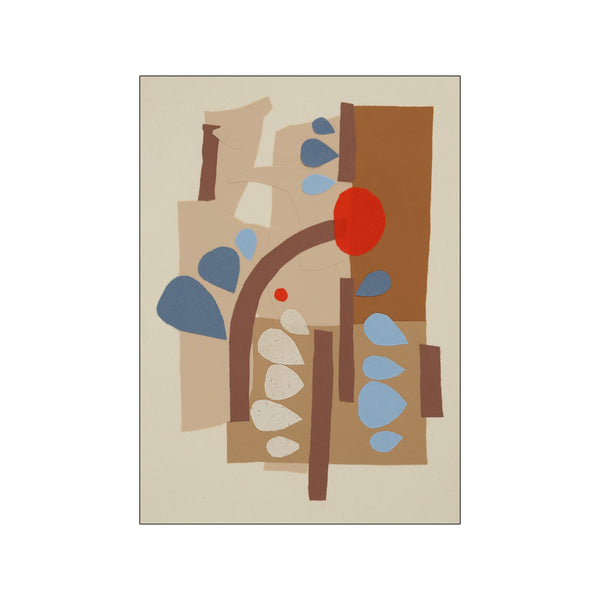 An abstract composition featuring organic shapes in warm brown, tan, and soft blue hues, with a pop of bright red. The textures suggest paper collage, creating a calming, naturalistic feel for modern or bohemian decor.