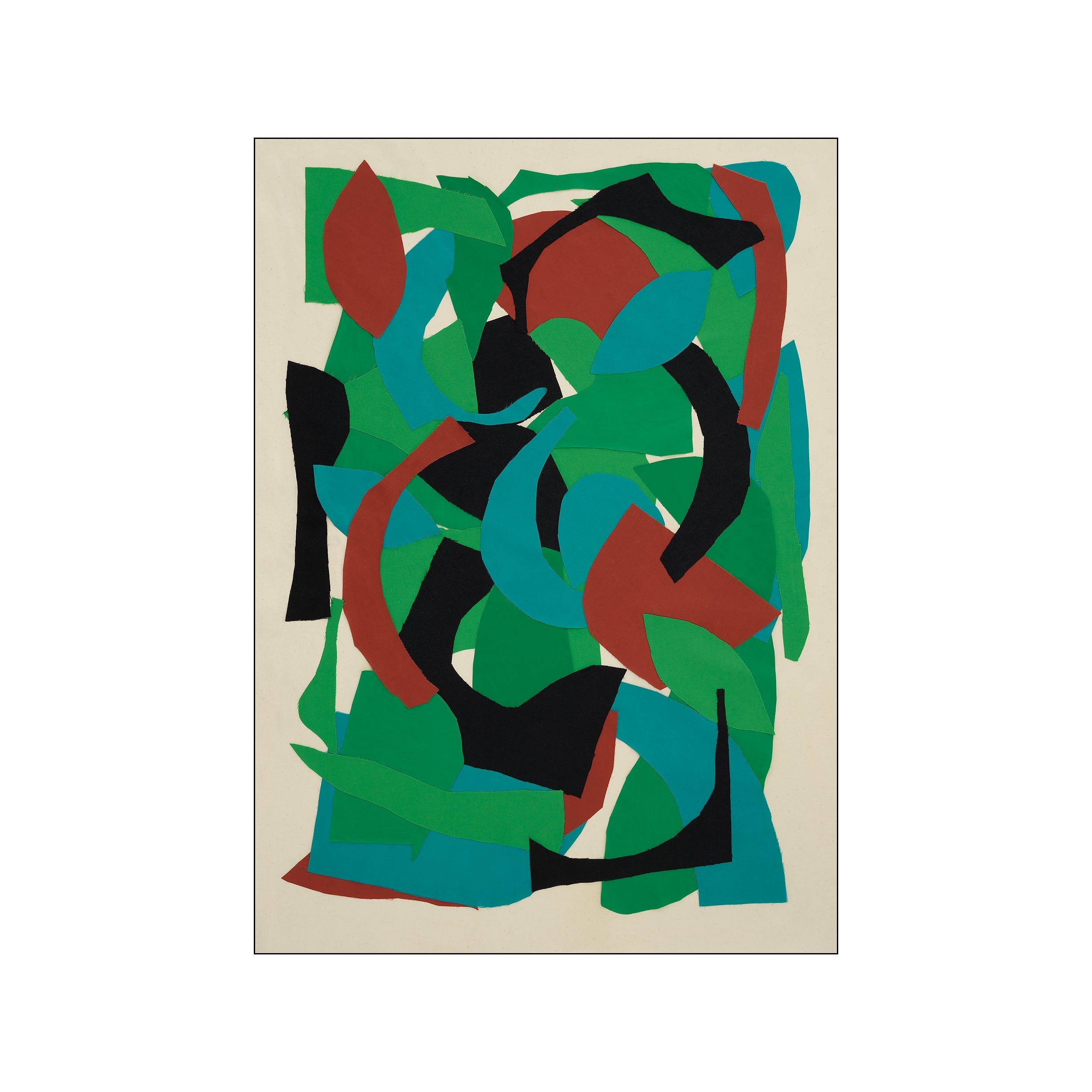 Abstract collage artwork with organic shapes in shades of green, teal, terracotta, and black against a cream background, suggesting a modern, bohemian, or gallery wall aesthetic.