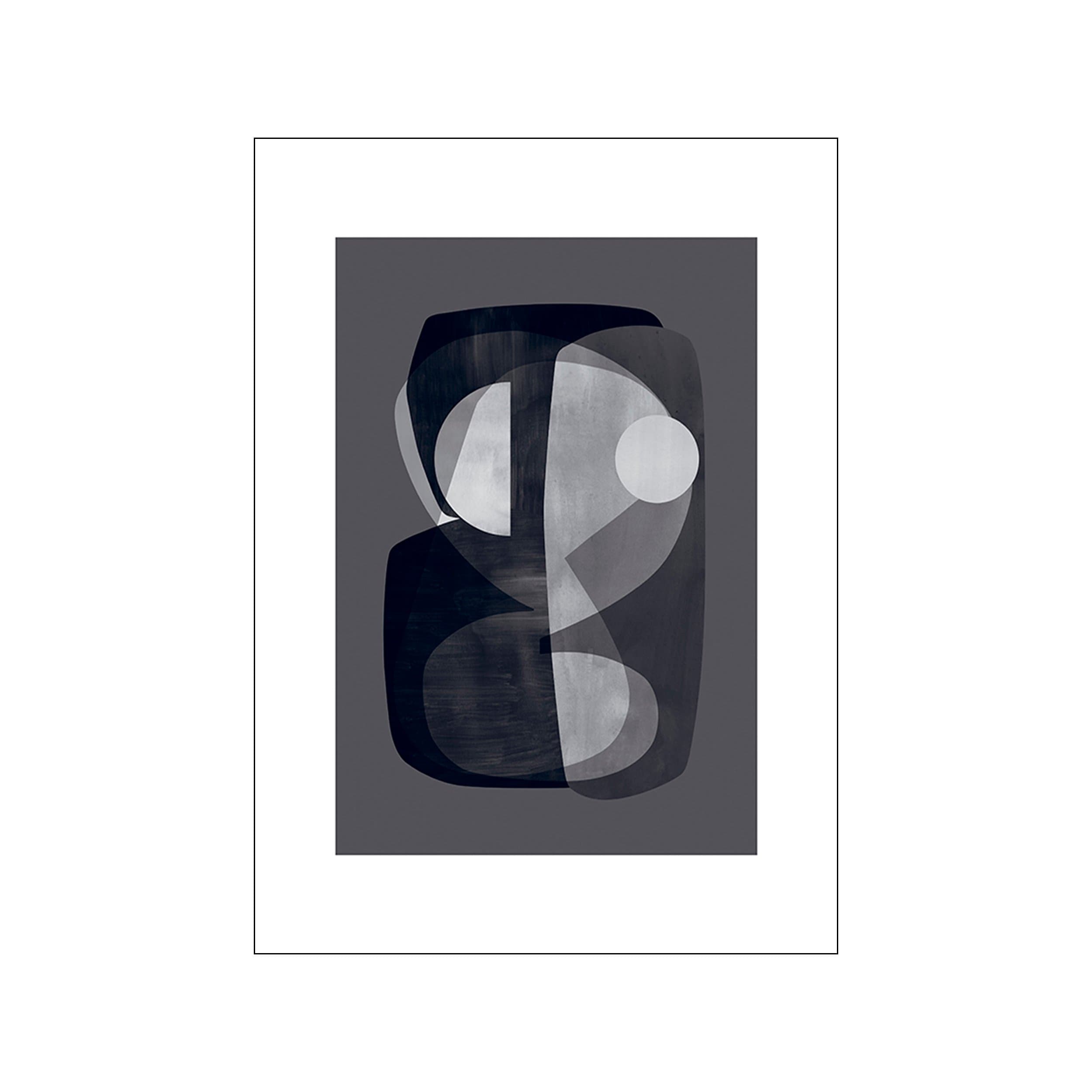 A striking abstract composition featuring layered shapes in deep charcoal and luminous grey tones, evoking a sense of depth and sophisticated calm suitable for modern or gallery wall interiors.