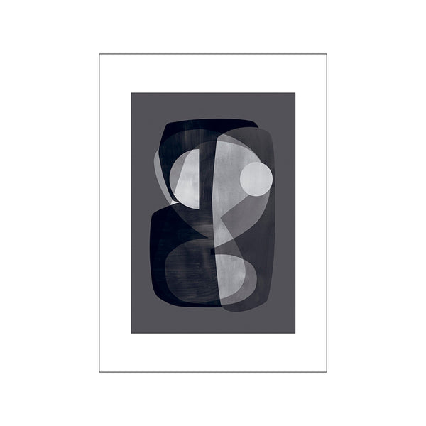 A striking abstract composition featuring layered shapes in deep charcoal and luminous grey tones, evoking a sense of depth and sophisticated calm suitable for modern or gallery wall interiors.