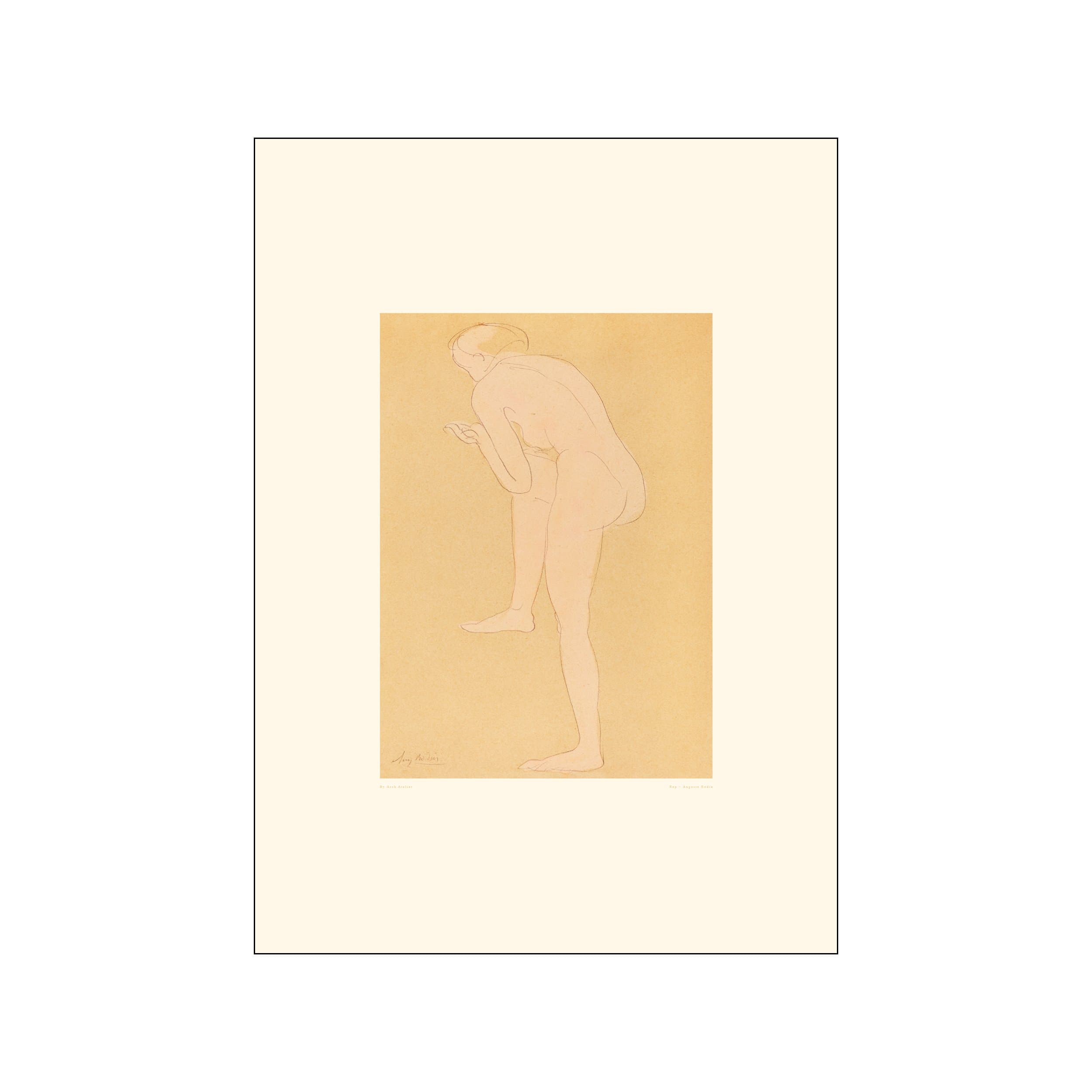Minimal nude figure sketch in pale linework on a warm beige background
