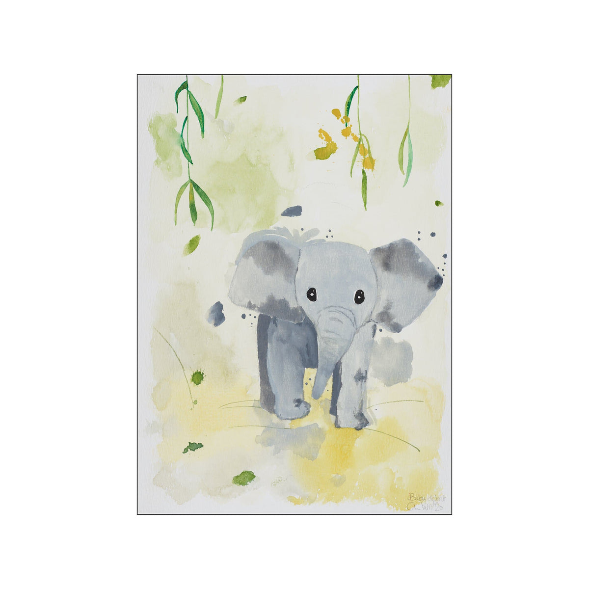 A whimsical watercolor painting of a baby elephant with big, curious eyes, standing amongst soft green leaves and splashes of yellow on a pale background.