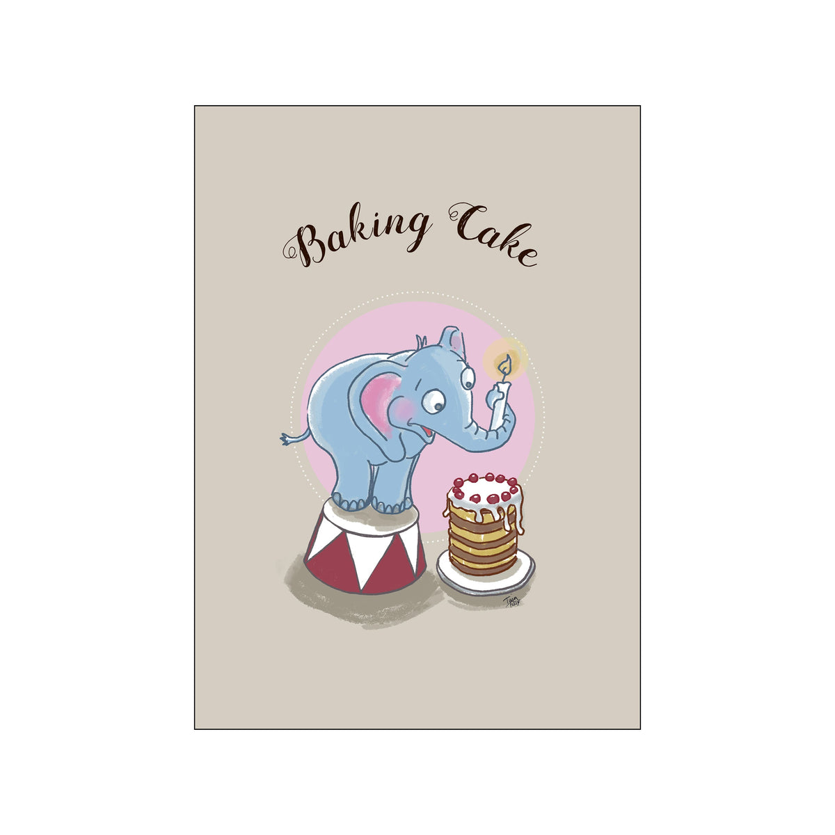 A whimsical illustration of a blue elephant standing on a circus stool, holding a lit candle near a stack of layered cake topped with red berries. Titled 'Baking Cake', it evokes a sense of childlike.