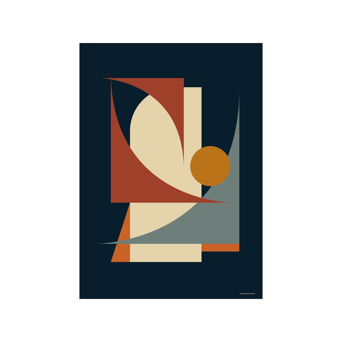 Abstract geometric poster with navy background, rust blocks, cream curves, and ochre circle