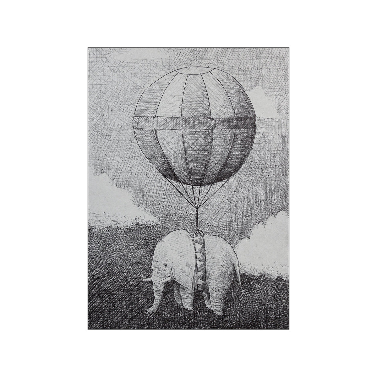 A black and white illustration of a lone elephant suspended beneath a hot air balloon, set against a textured sky, evoking a surreal and dreamlike mood.