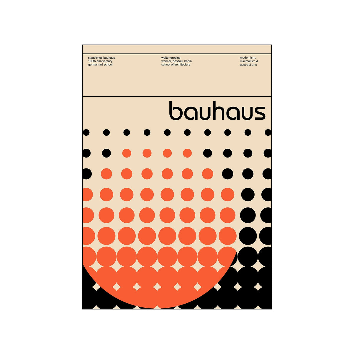 Bauhaus-inspired poster with beige background, black text, and orange and black circles