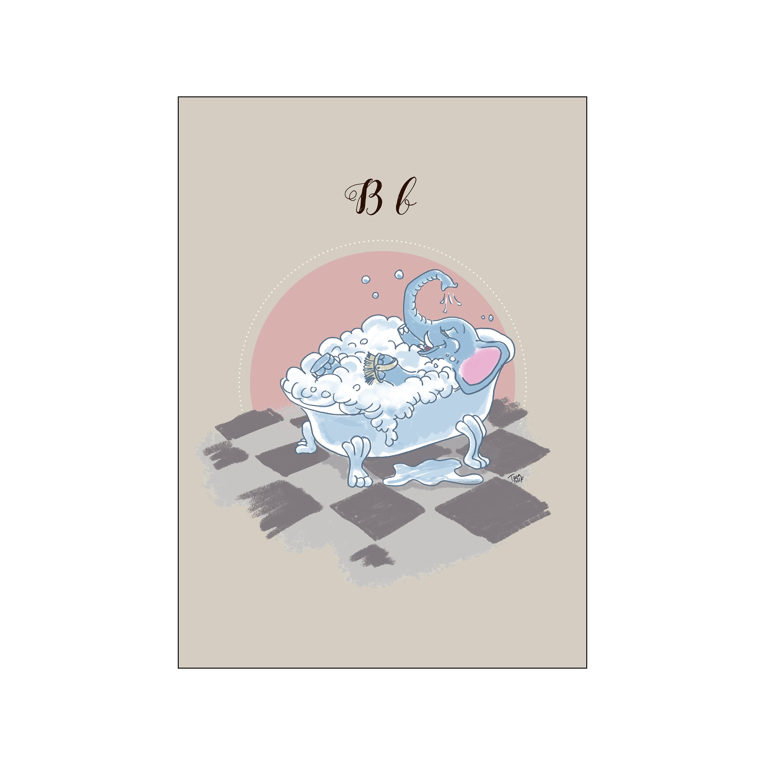 A charming illustration of a blue elephant playfully bathing in a tub overflowing with bubbles. The artwork features a soft color palette of taupe, pink, and blue, evoking a whimsical and serene mood, perfect for.